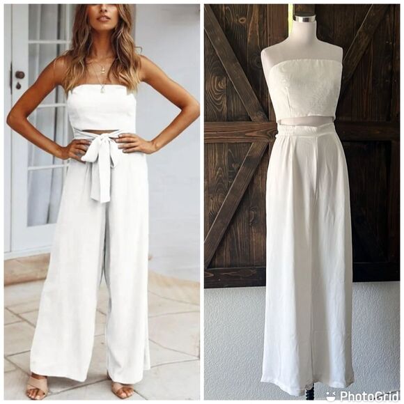 Boho Strapless Cut Out Tube Top Romper Casual Belted Wide Leg Jumpsuit - Picture 1 of 16